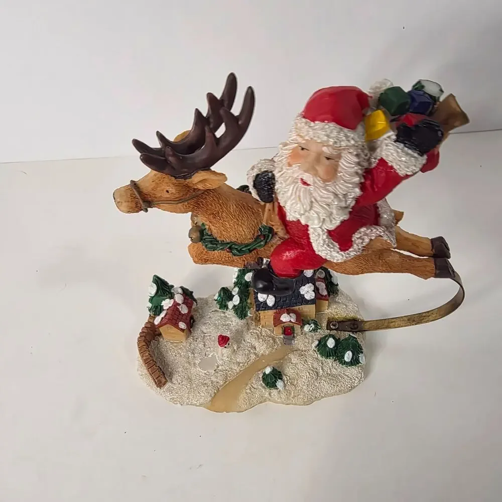 Santa Claus Riding Reindeer Kinetic Christmas Village Resin Figurine Decor